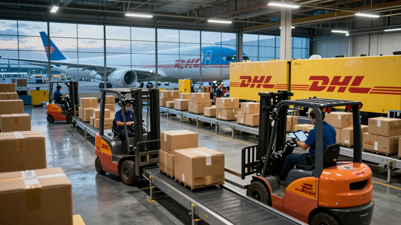 Busy DHL logistics warehouse with parcels and cargo planes
