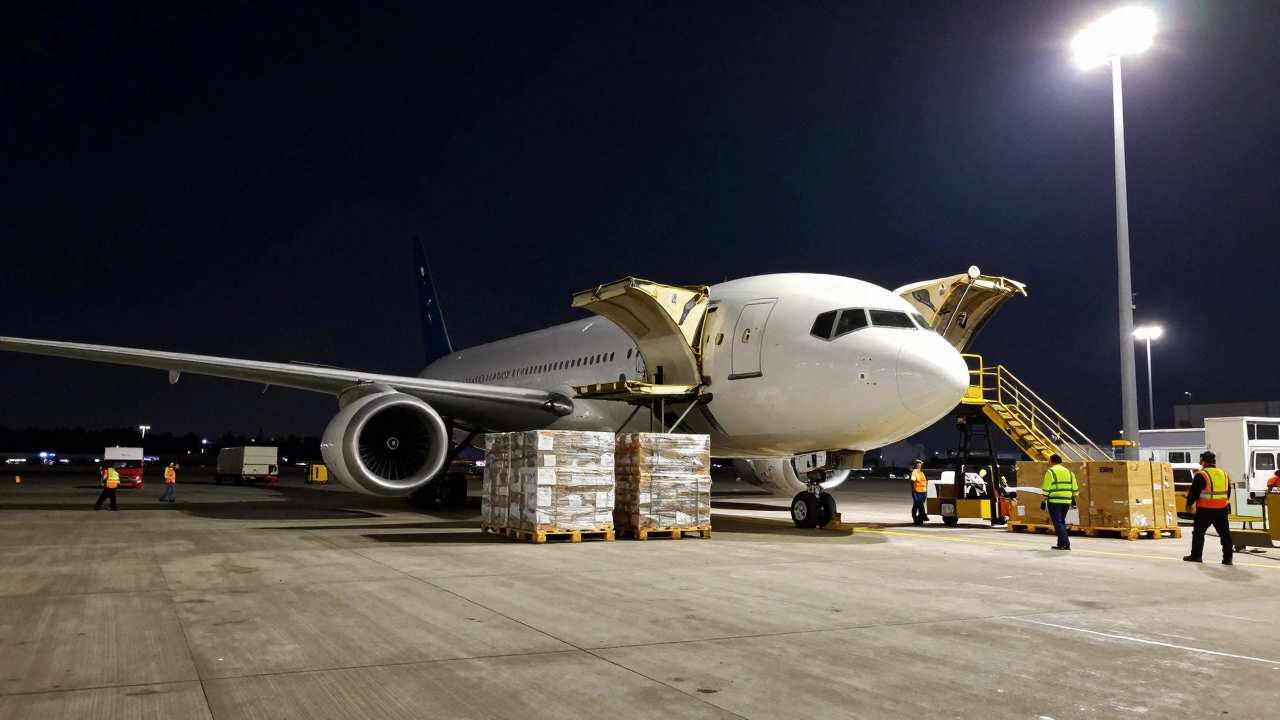 Cargo plane being loaded at a logistics hub at night under floodlights.