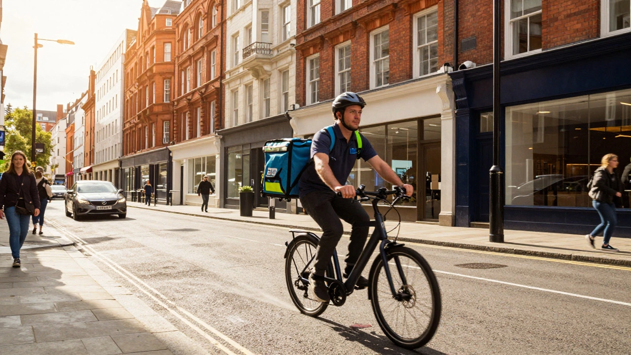 Courier on electric bike delivering a package on a busy UK city street