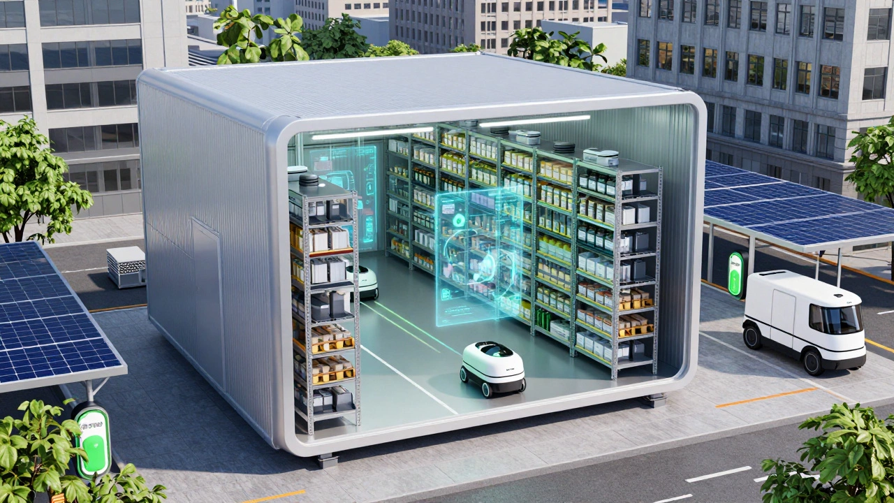 Cutaway view of a compact, automated urban micro-fulfillment center