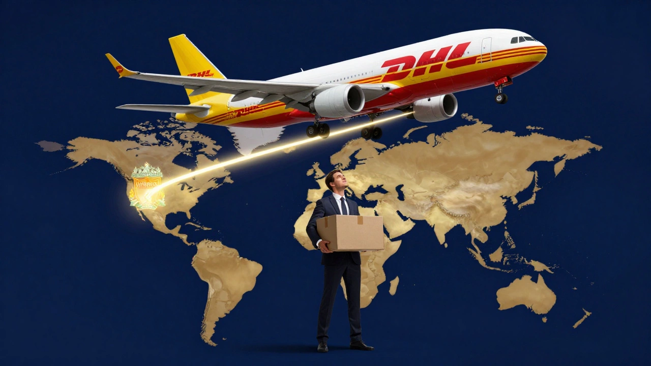 DHL cargo plane flying over UK map with business executive below