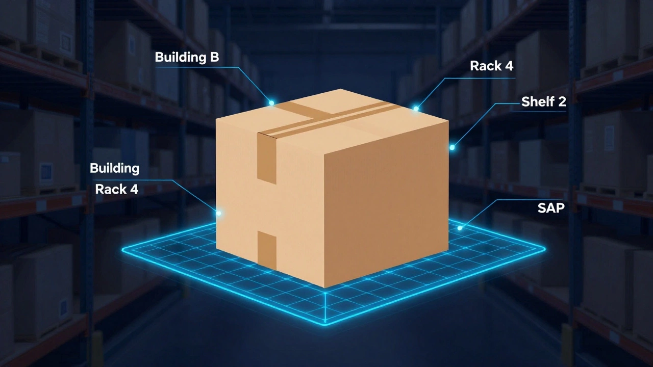 Digital visualization of a package connected to precise shelf coordinates via a blue data grid
