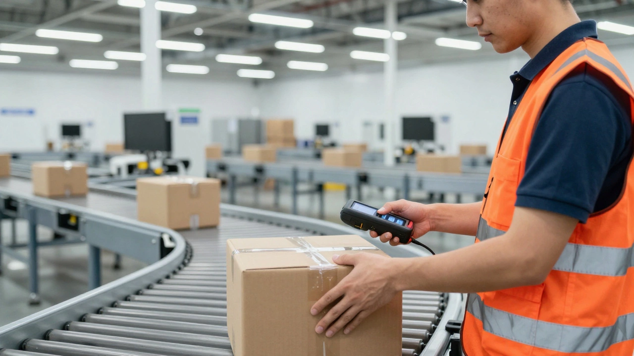 Driver scanning packages in a modern, busy distribution center