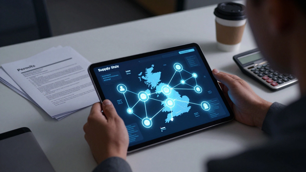 Entrepreneur analyzing supply chain data on a tablet with documents