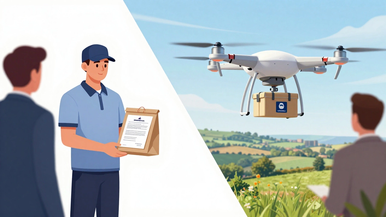 Futuristic drone delivering medical supplies alongside professional courier service