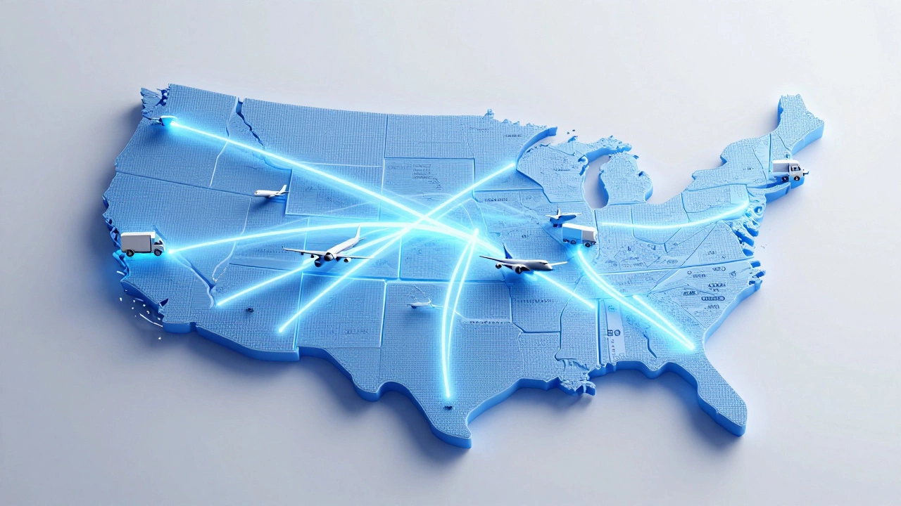 Glowing US map with connecting flight and truck route lines