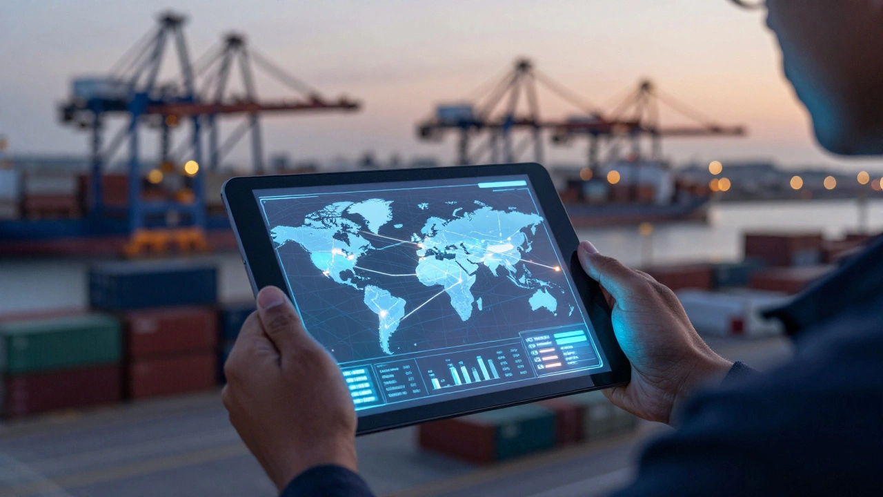 Hands holding holographic global shipping map against a port background