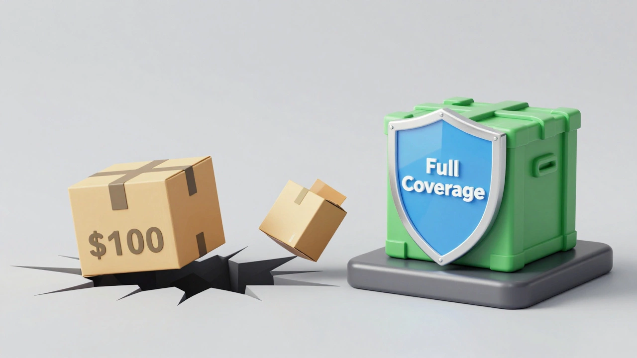 Illustration comparing weak basic coverage vs strong full insurance protection for shipped packages