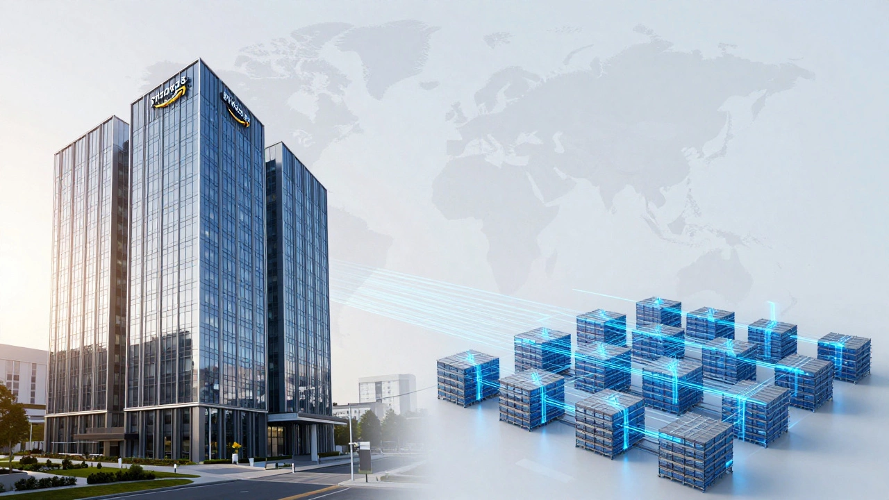 Illustration contrasting REIT property ownership with Amazon's logistics network