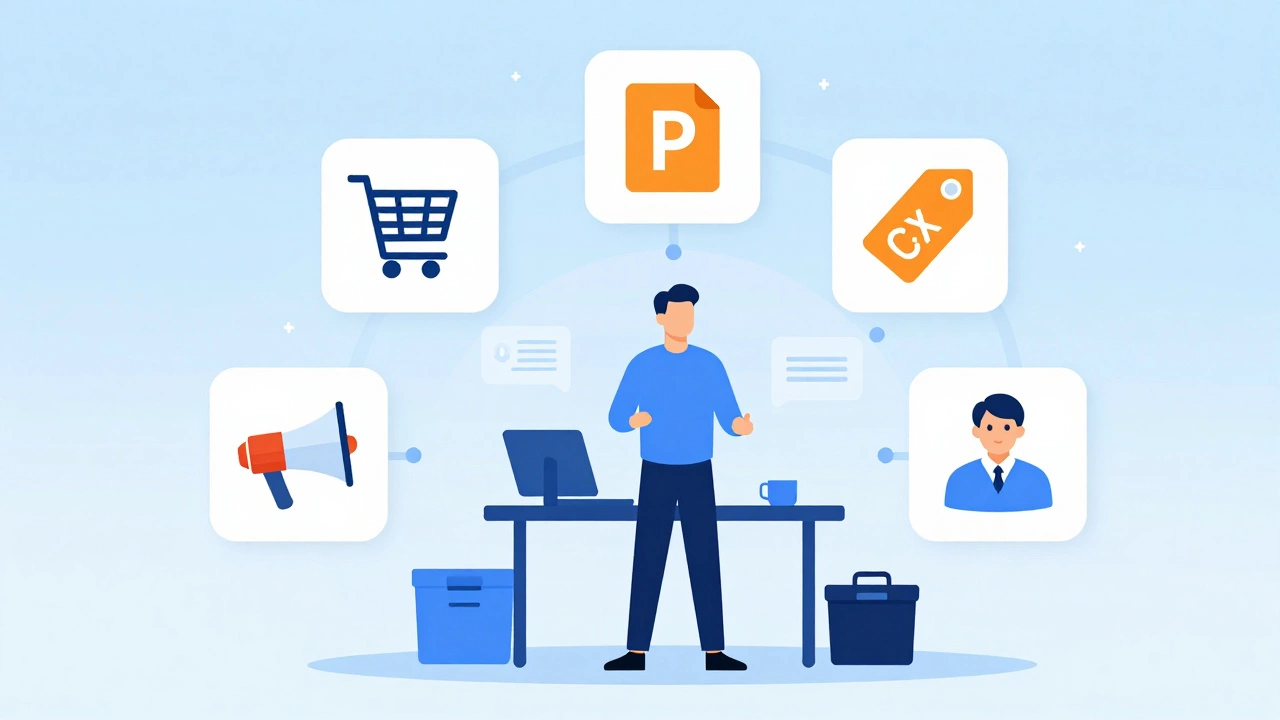 Illustration of e-commerce manager coordinating sales and customer service
