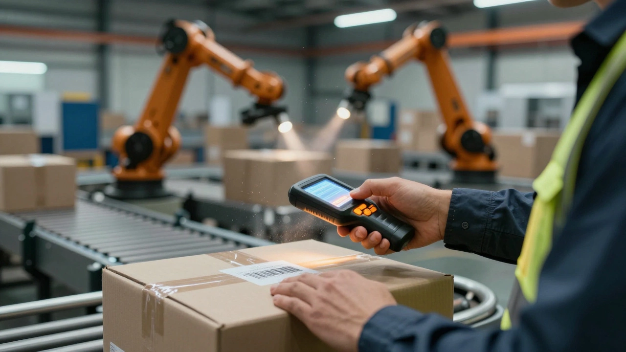 Logistics coordinator scanning packages in a busy automated warehouse