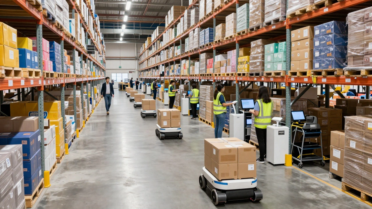 Robots and workers managing packages in a large, modern fulfillment center.