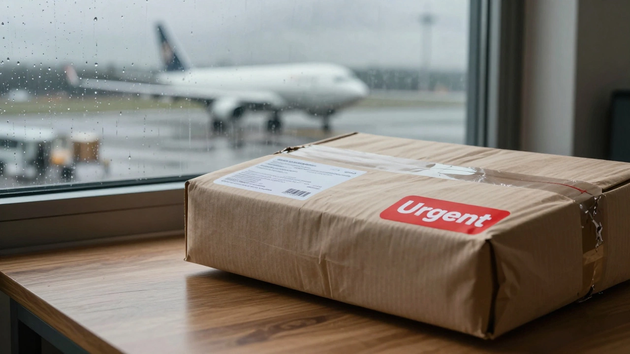 Sealed express parcel on desk with rainy window view of airport runway