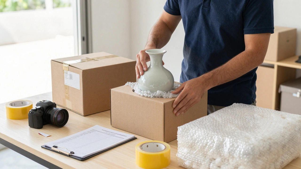 Shipper carefully double-boxing a fragile vase with professional packing materials and documentation