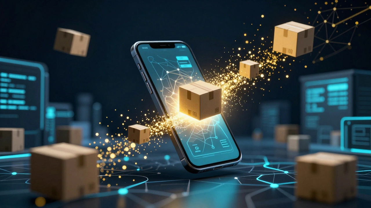 Smartphone emitting data streams turning into shipping boxes in a digital network.