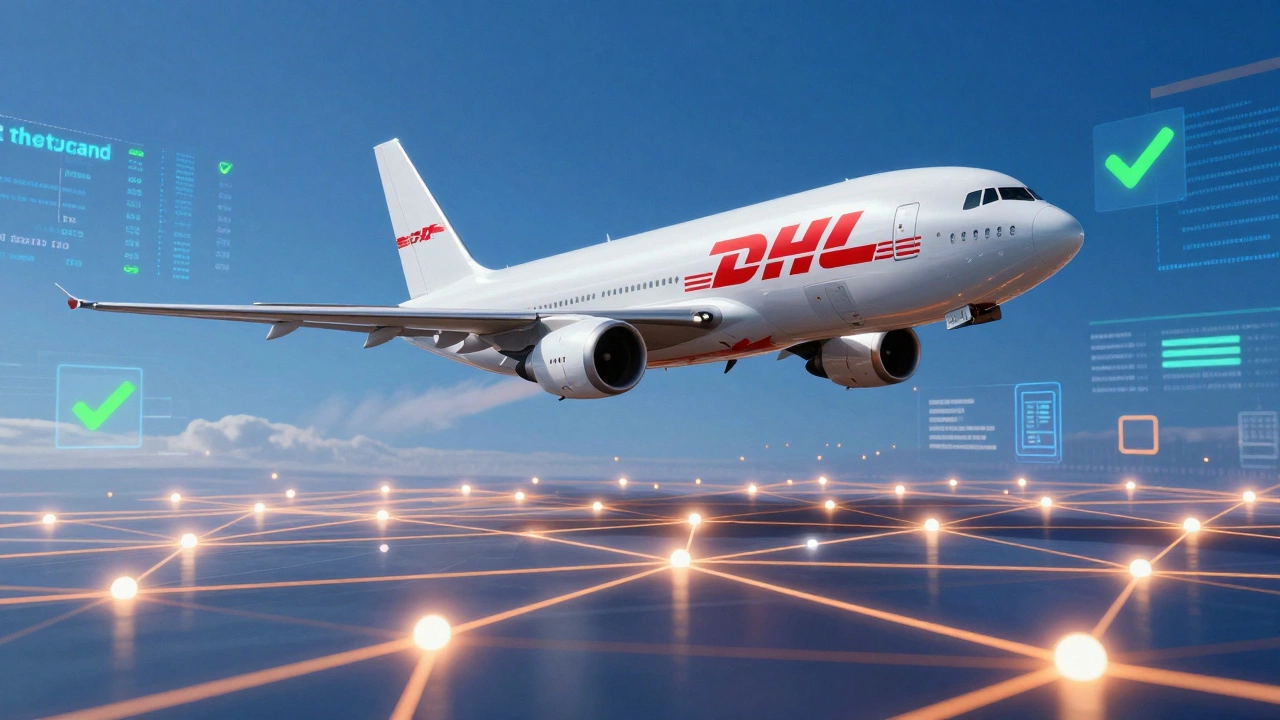 Stylized cargo plane flying over digital logistics network nodes