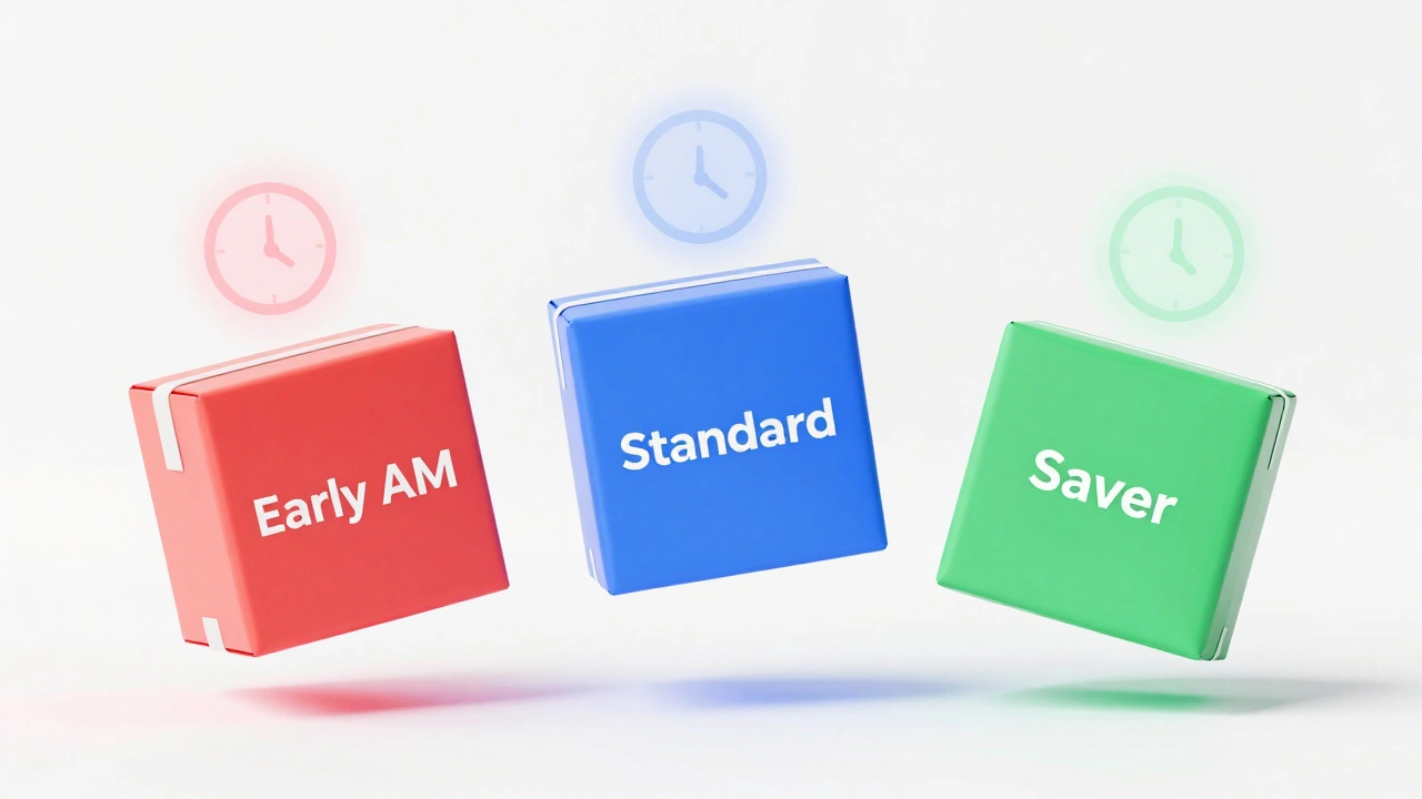 Three color-coded packages representing different overnight delivery speeds.