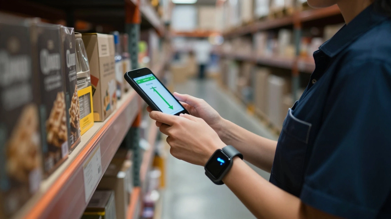Warehouse worker checking a smart wearable device showing an optimized picking path