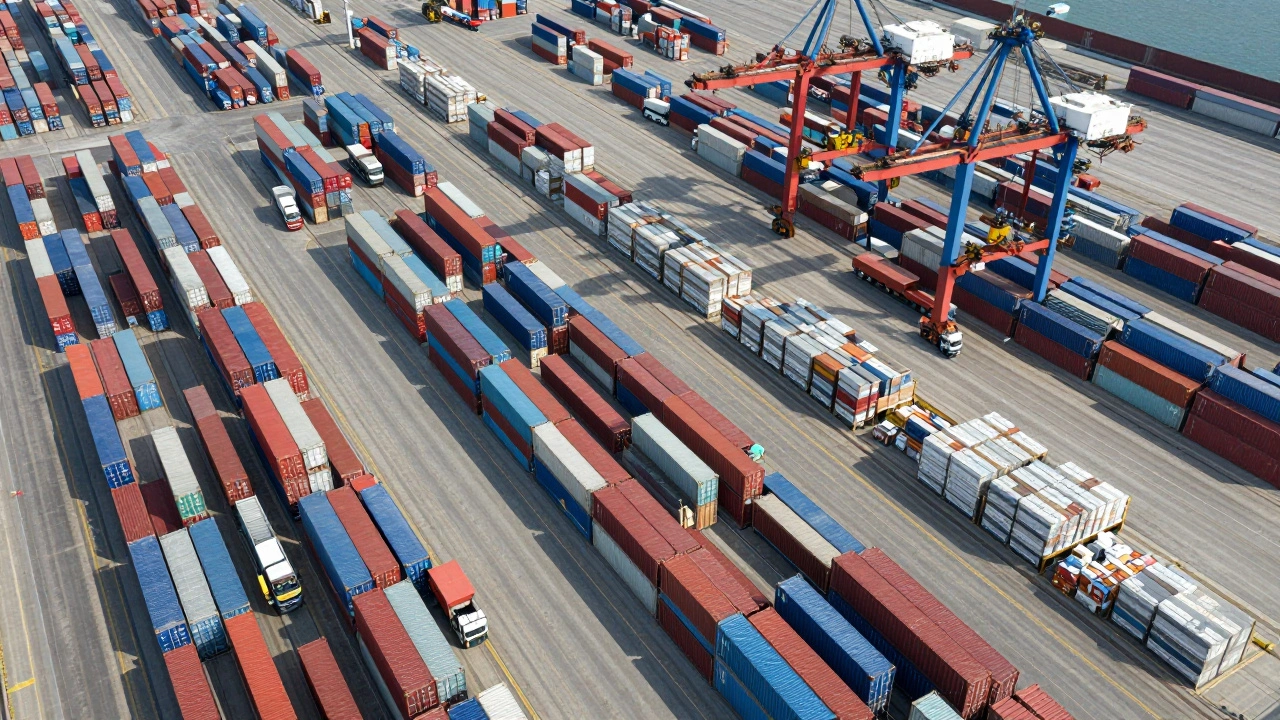 Aerial view of cargo containers being consolidated at a busy port warehouse