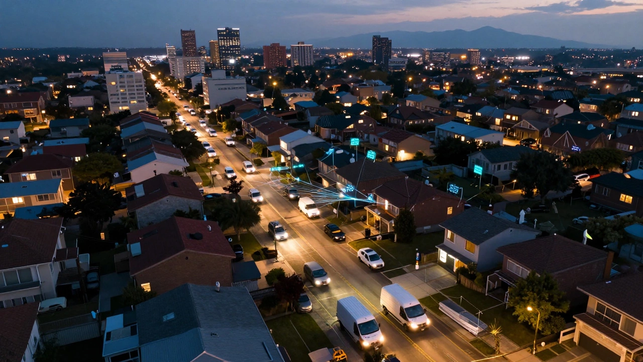 Aerial view of last-mile delivery vans navigating city streets