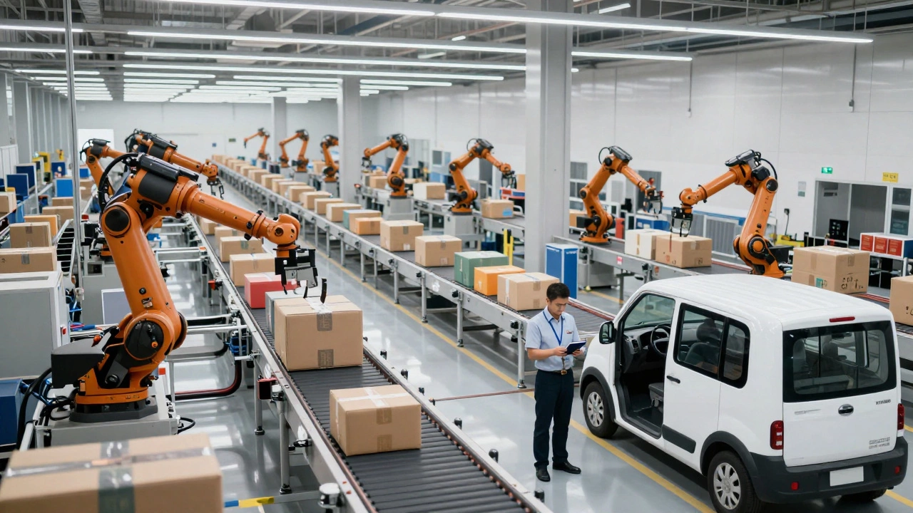 Automated sorting hub with robots and electric delivery vans
