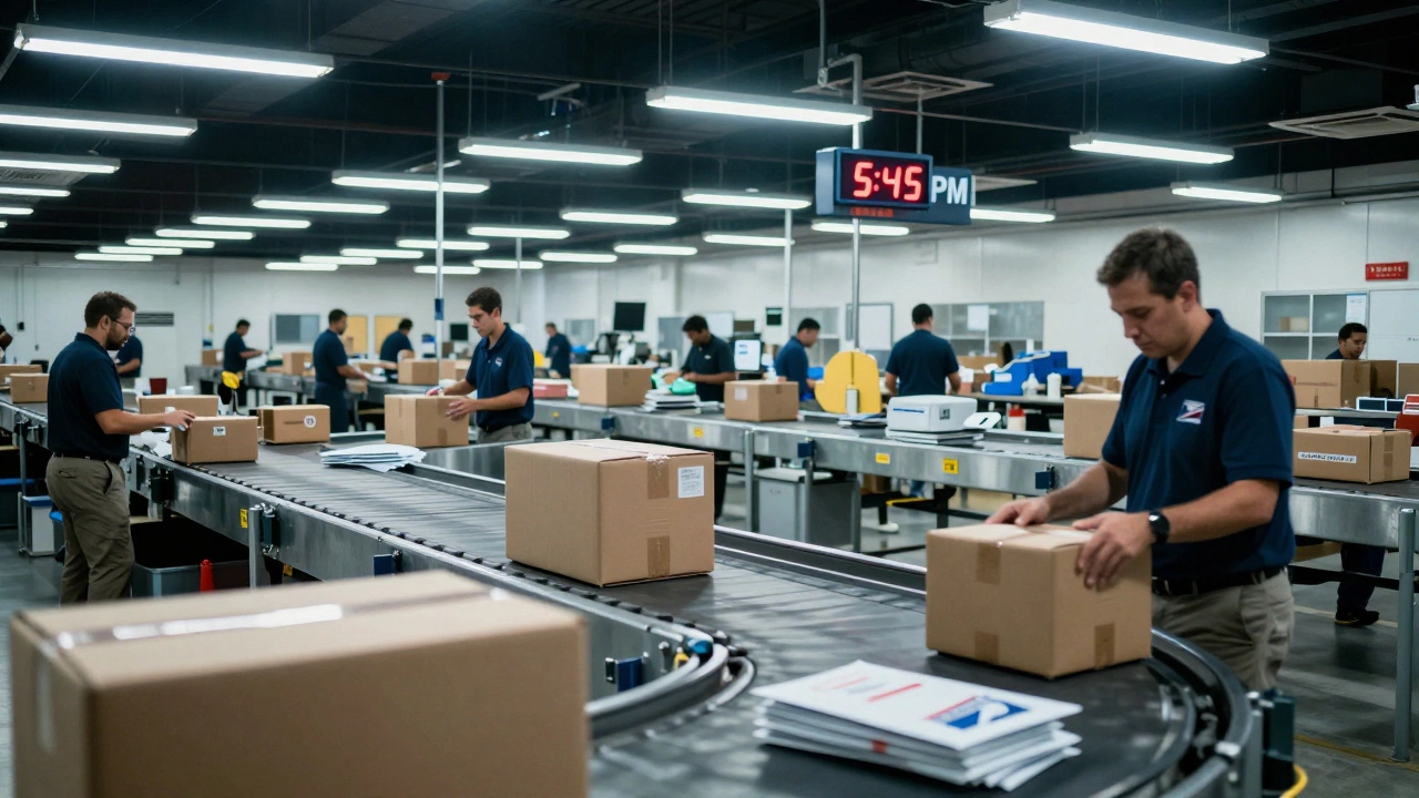 Busy USPS sorting facility conveyor belts at night near cutoff time