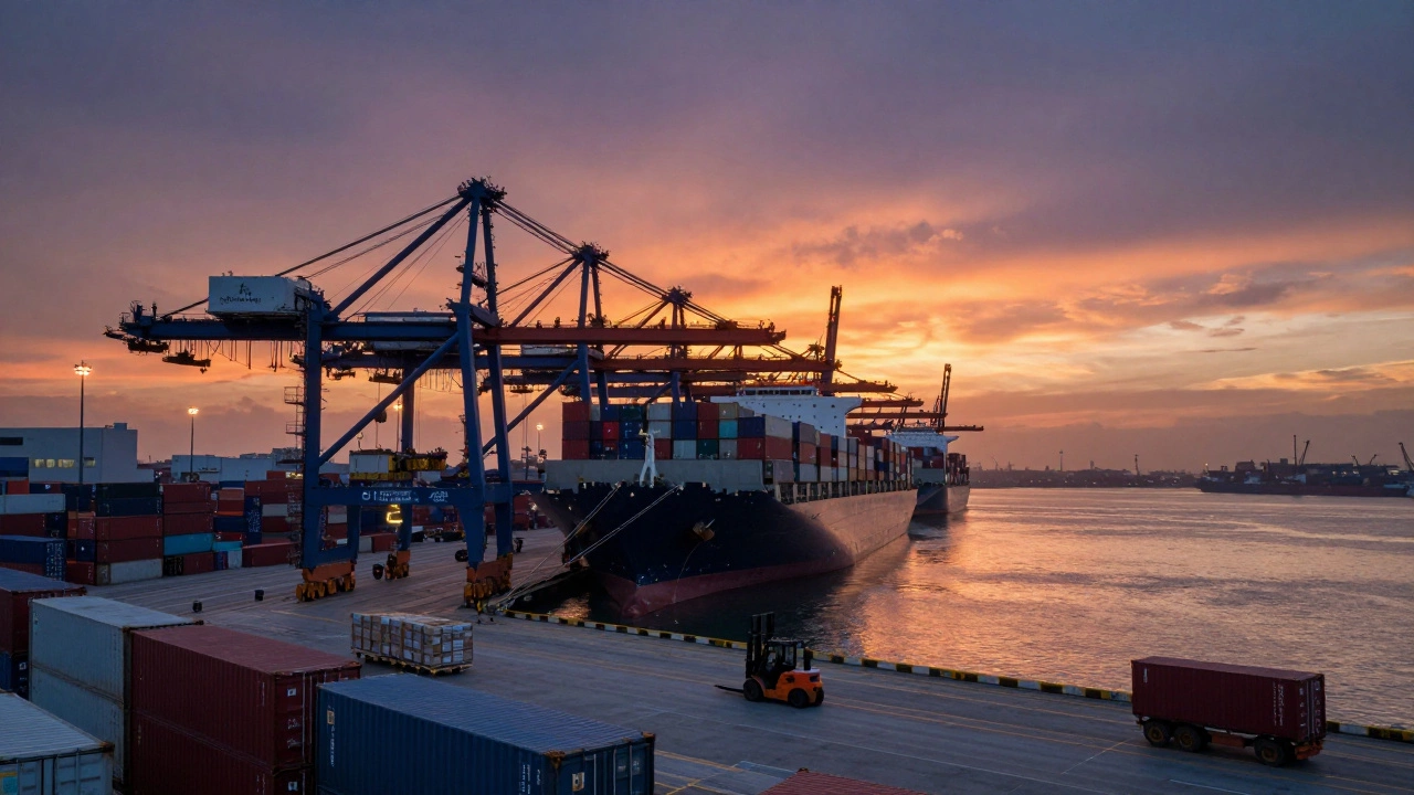 Cargo ships and containers at a busy international port during sunset