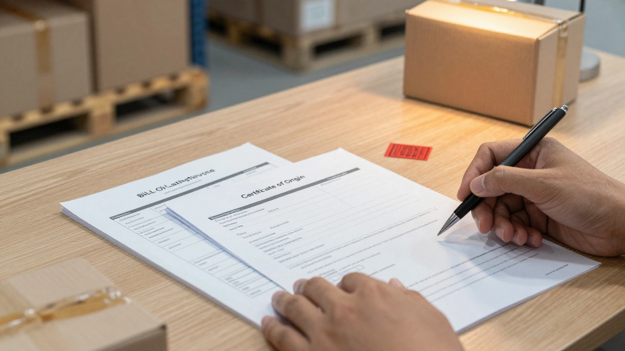 Close-up of shipping documents like Bill of Lading on a warehouse desk