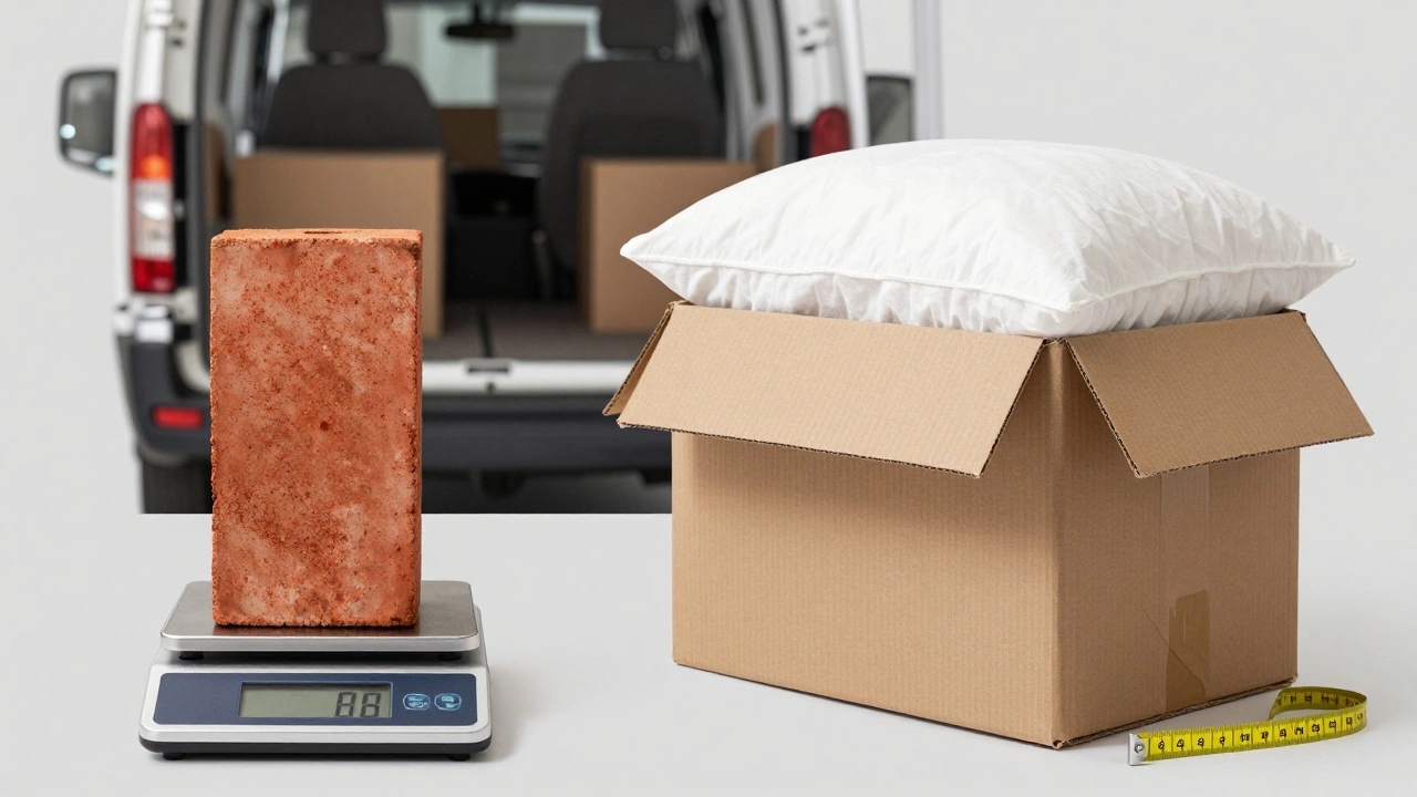 Comparison of heavy brick and large empty box illustrating volumetric weight