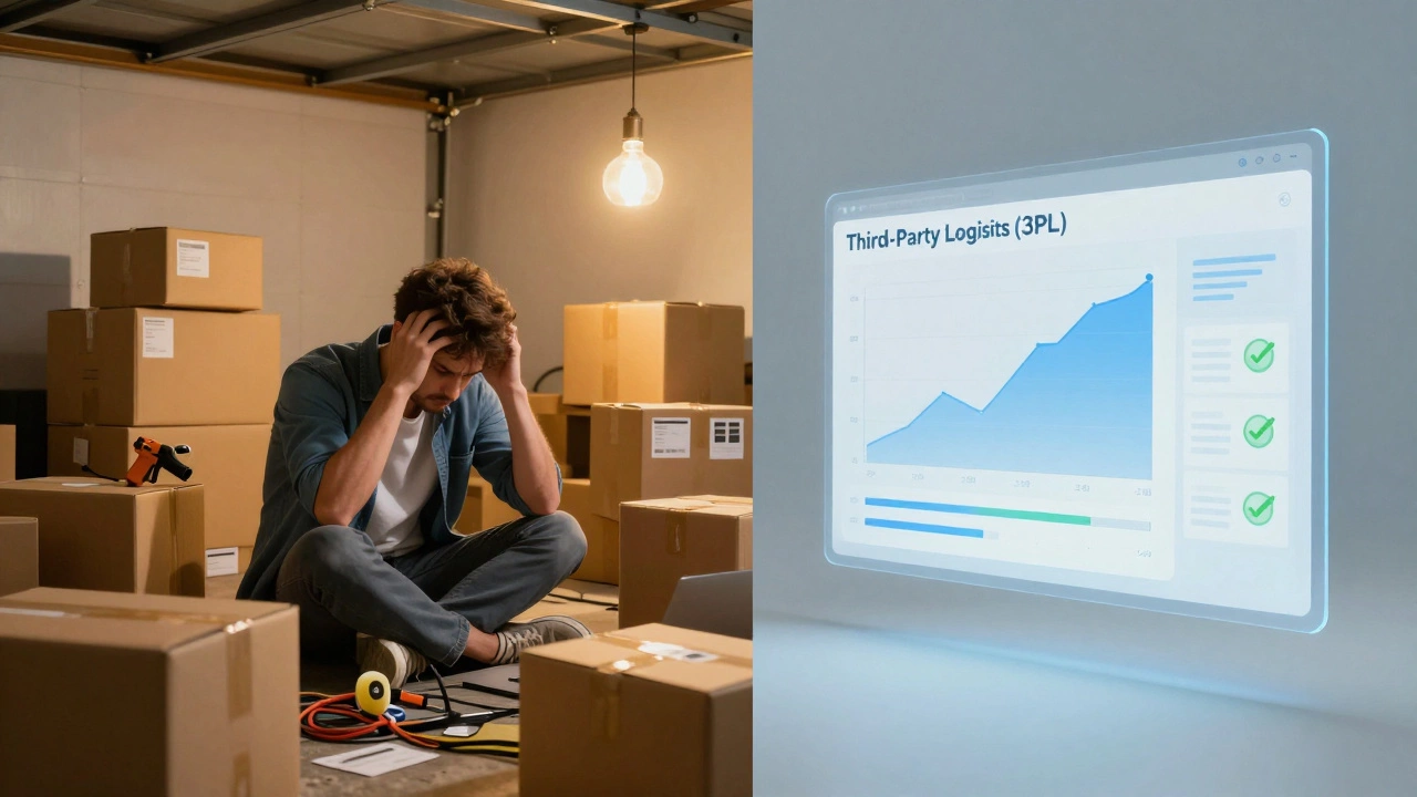 Contrast between chaotic home packing and streamlined third-party logistics management.