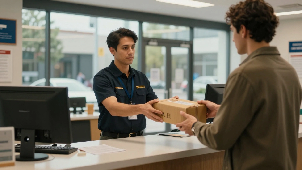 Customer handing a package to a postal worker at a counter