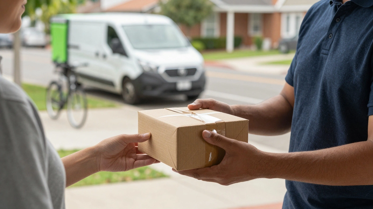 Delivery driver handing an eco-friendly package to a customer at their door.