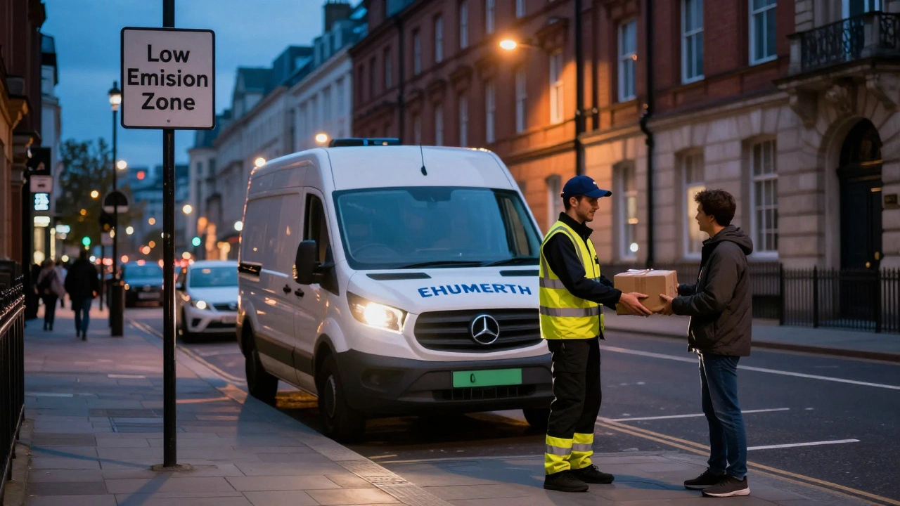 Electric delivery van and courier making a drop in a UK city at dusk