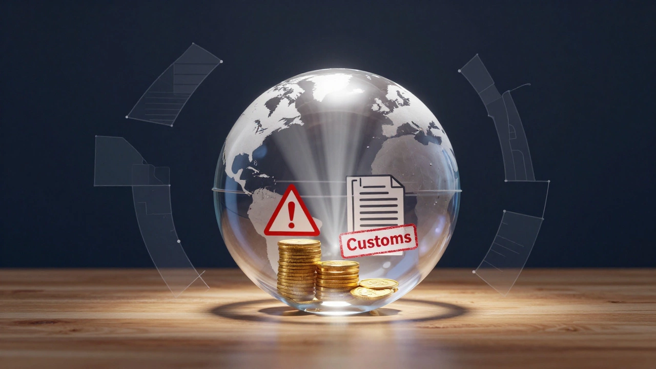 Glass globe with coins and customs symbols illustrating hidden shipping fees