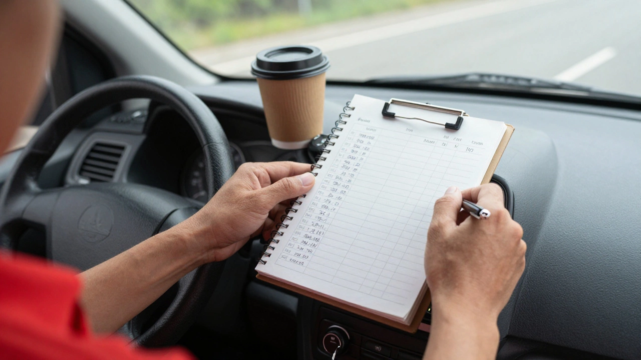 Hands calculating delivery costs on notepad in car