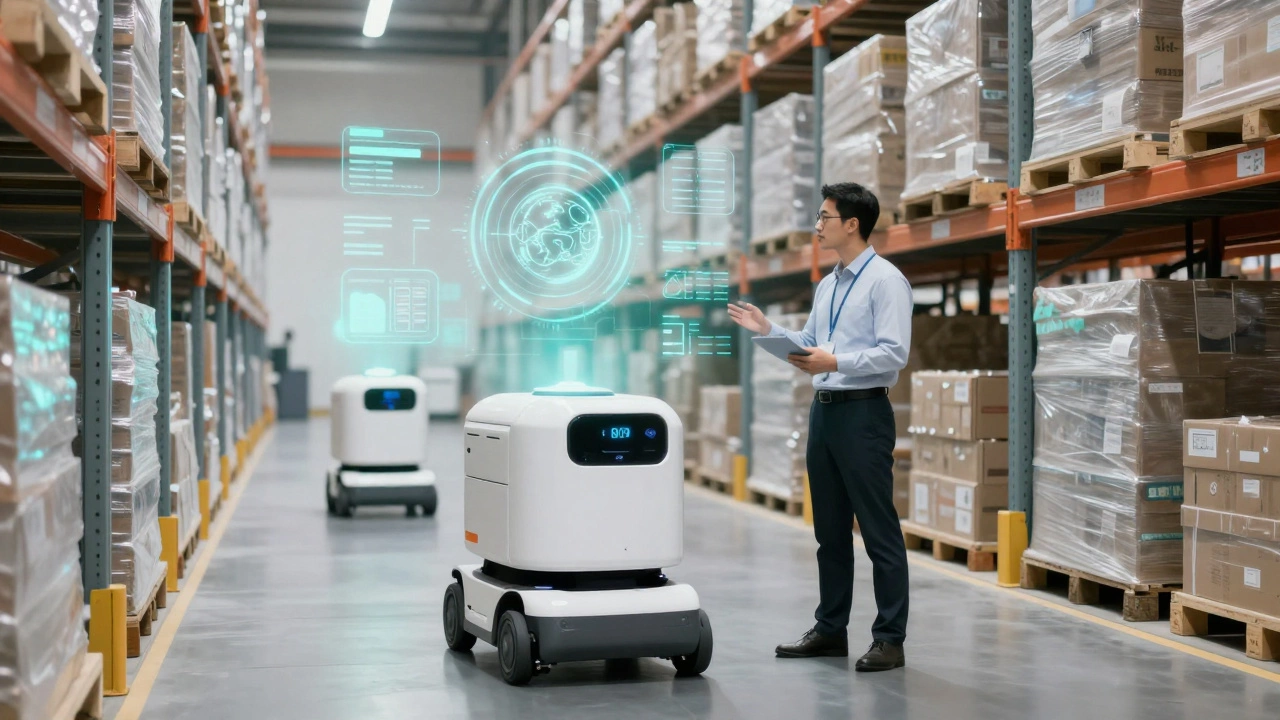 Manager optimizing automated warehouse with AI technology