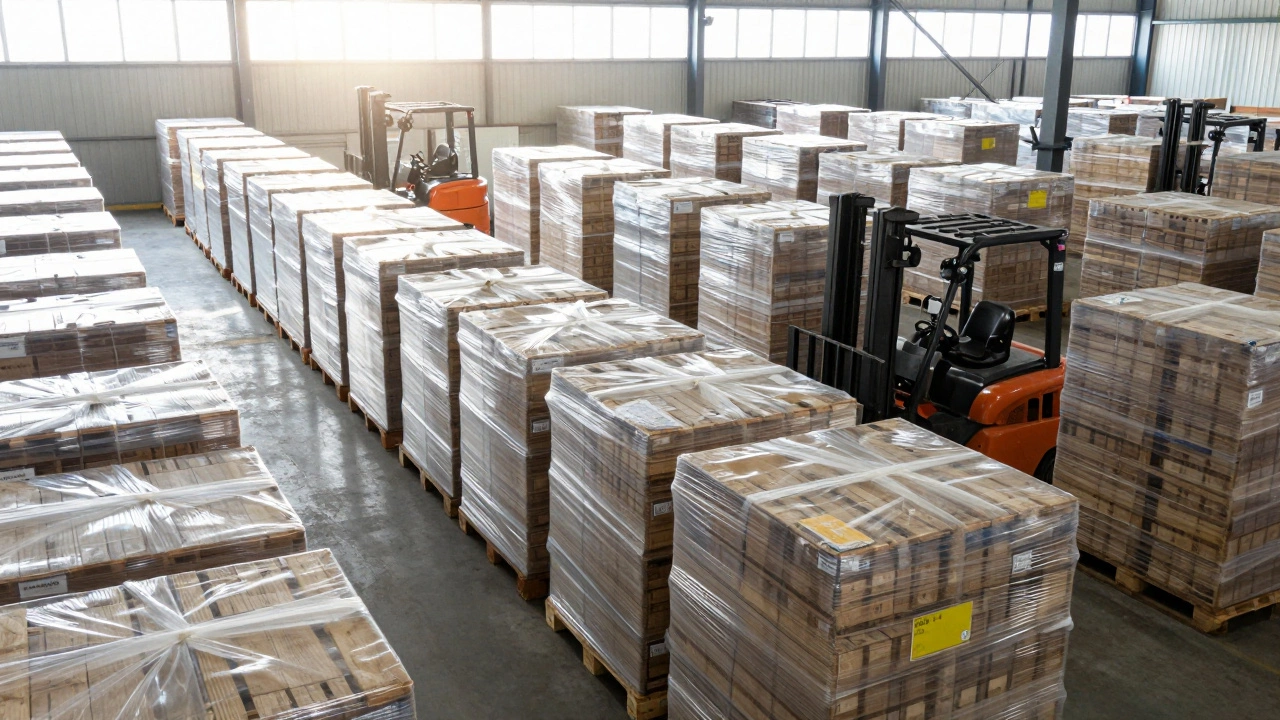 Organized UK warehouse with pallets illustrating consolidated cross-border fulfillment