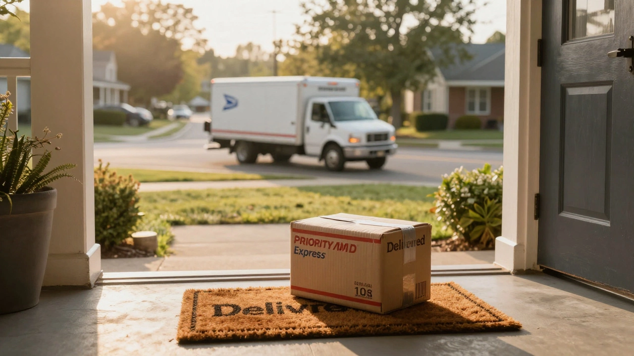 Priority Mail Express package delivered on suburban porch in morning