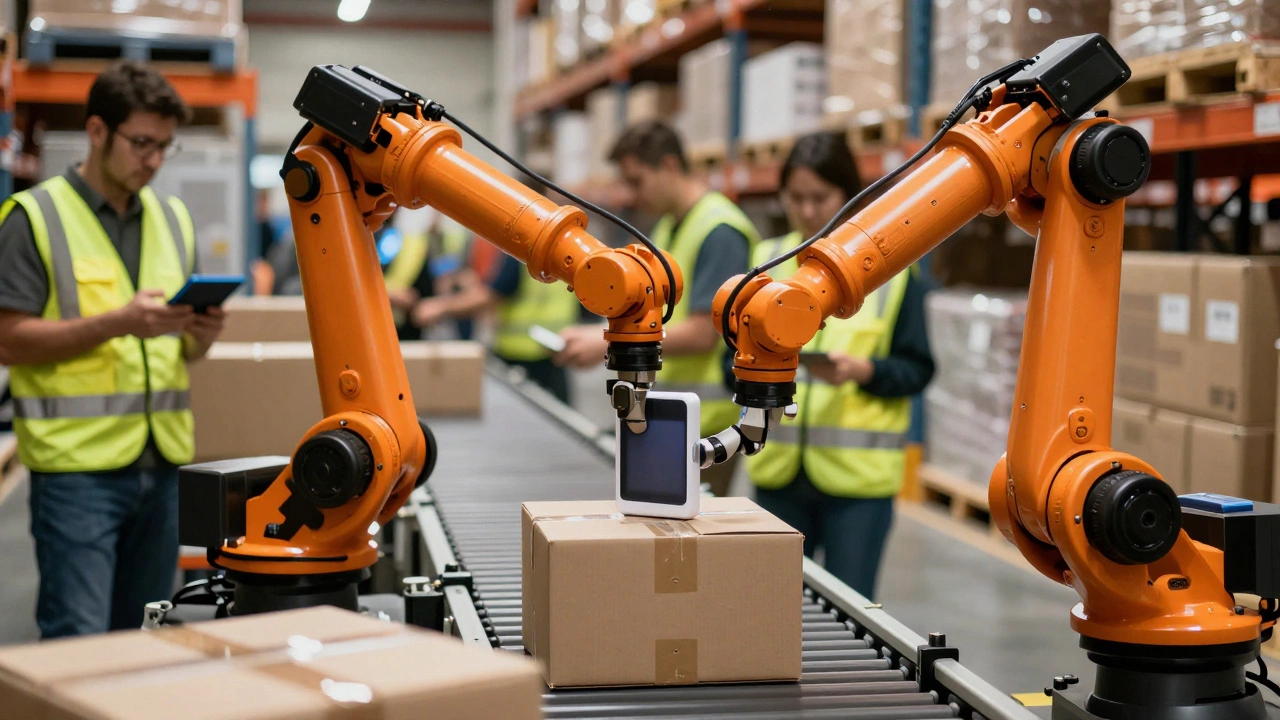 Robotic arm and workers sorting packages in busy logistics warehouse