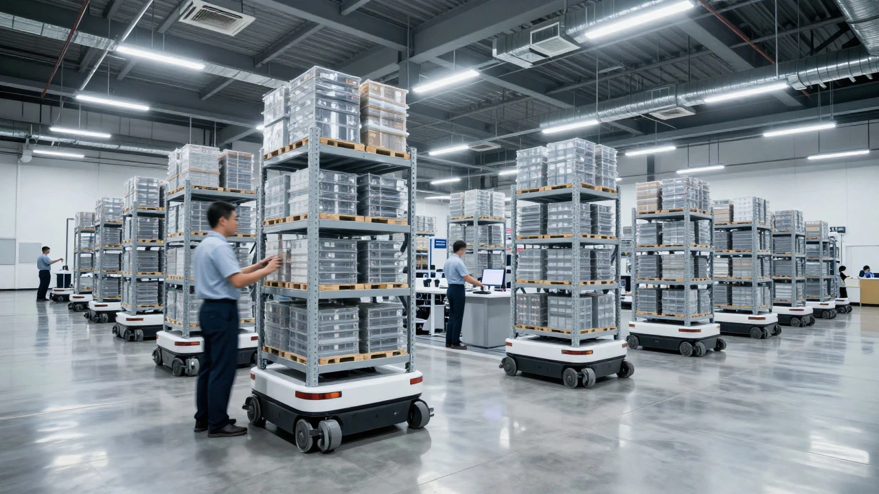Automated robots and workers inside a high-tech fulfillment center