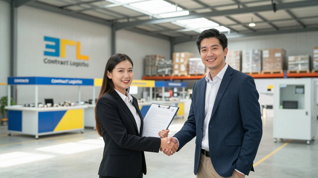Business partners shaking hands in a customized contract logistics warehouse section