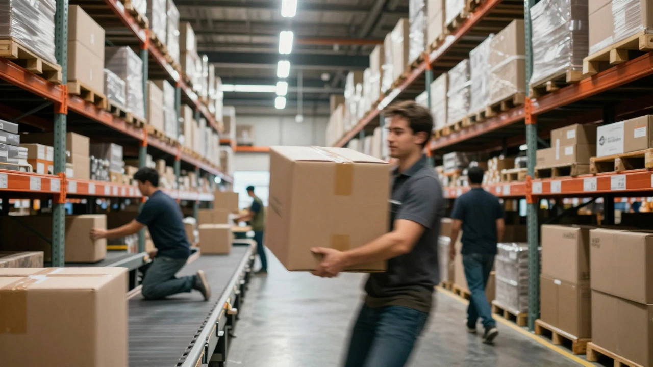 Busy Amazon warehouse aisle with worker carrying box