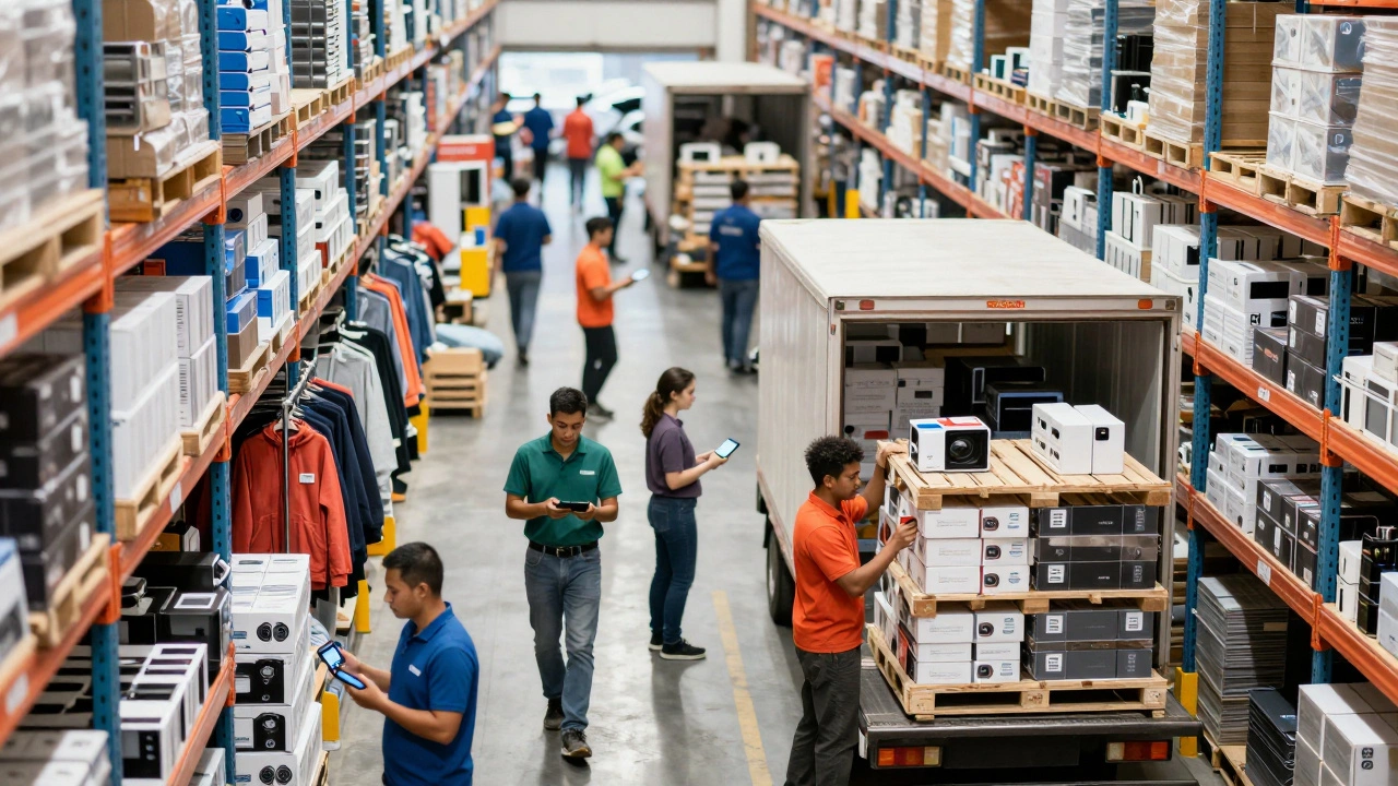 Busy public warehouse floor with diverse goods and workers handling mixed shipments