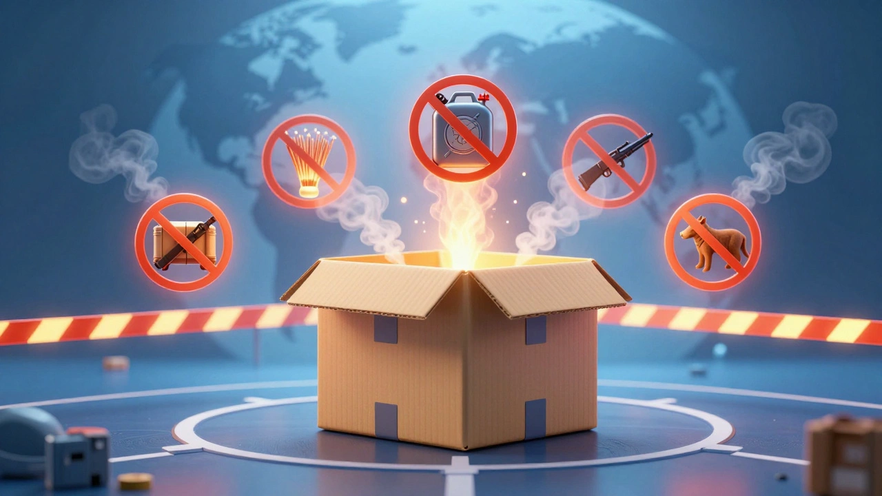 Cardboard box with floating icons of prohibited items like fireworks and weapons