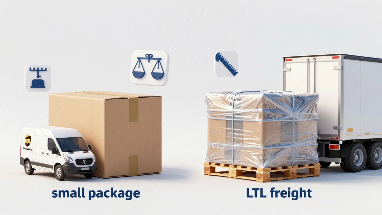 Comparison of small parcel box vs large freight pallet and trucks