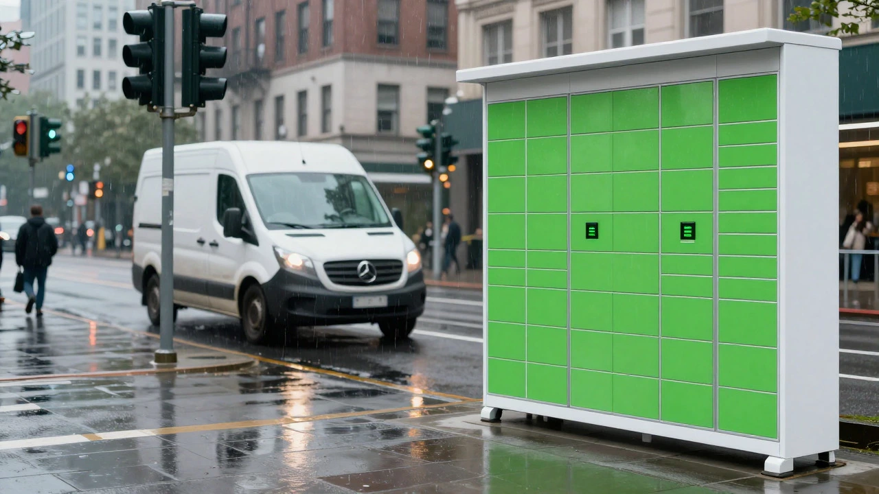 Contrast between busy city delivery van and efficient smart lockers