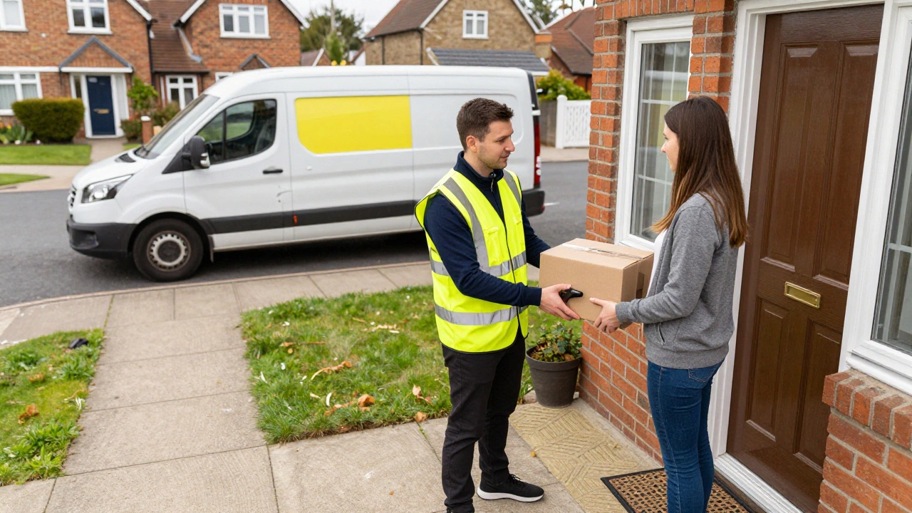 Courier driver scanning a package at a customer's front door in the UK