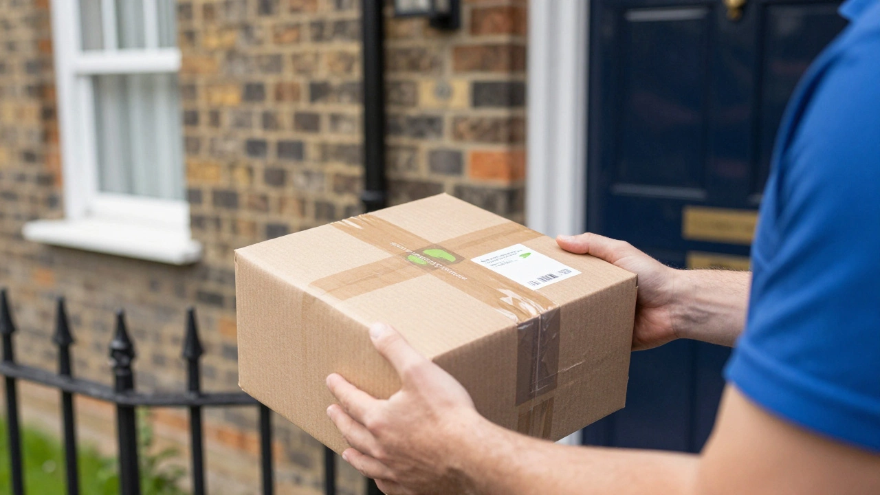 Delivery driver placing a package on a UK residential doorstep