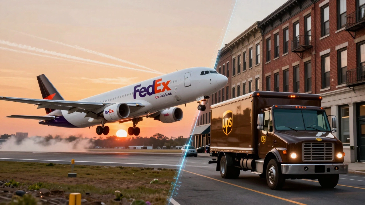FedEx plane taking off and UPS truck on city street