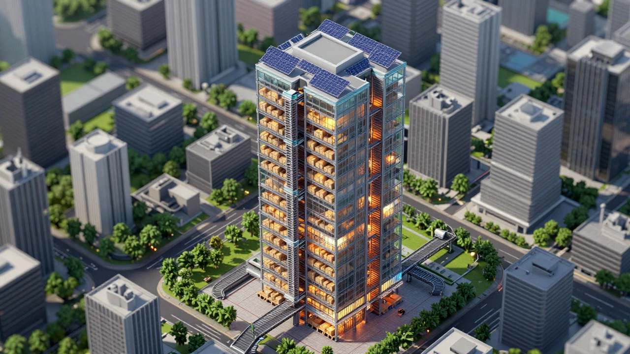 Futuristic vertical warehouse skyscraper with solar panels in a city